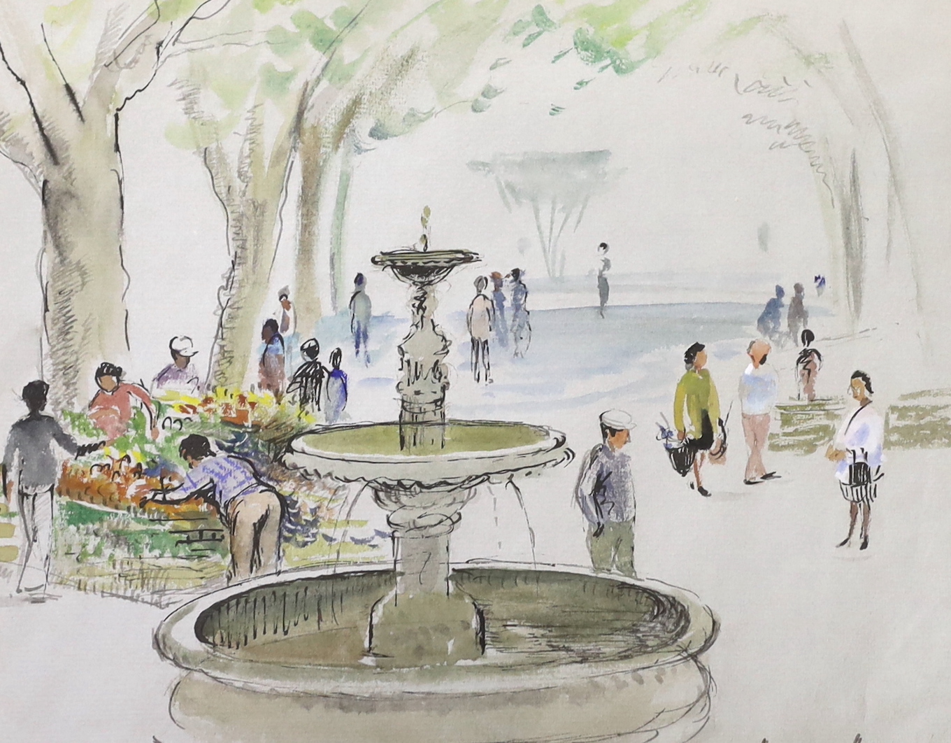 Hermione Hammond (1910-2005), ink and watercolour, French landscape with figures and water fountain, signed, inscribed and dated 5/73, 22 x 27cm